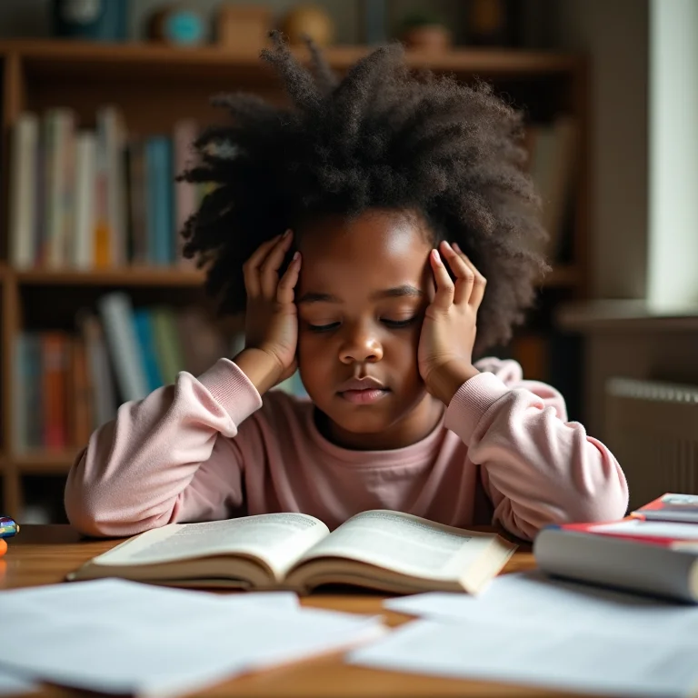 Menina negra com dificuldade na leitura.