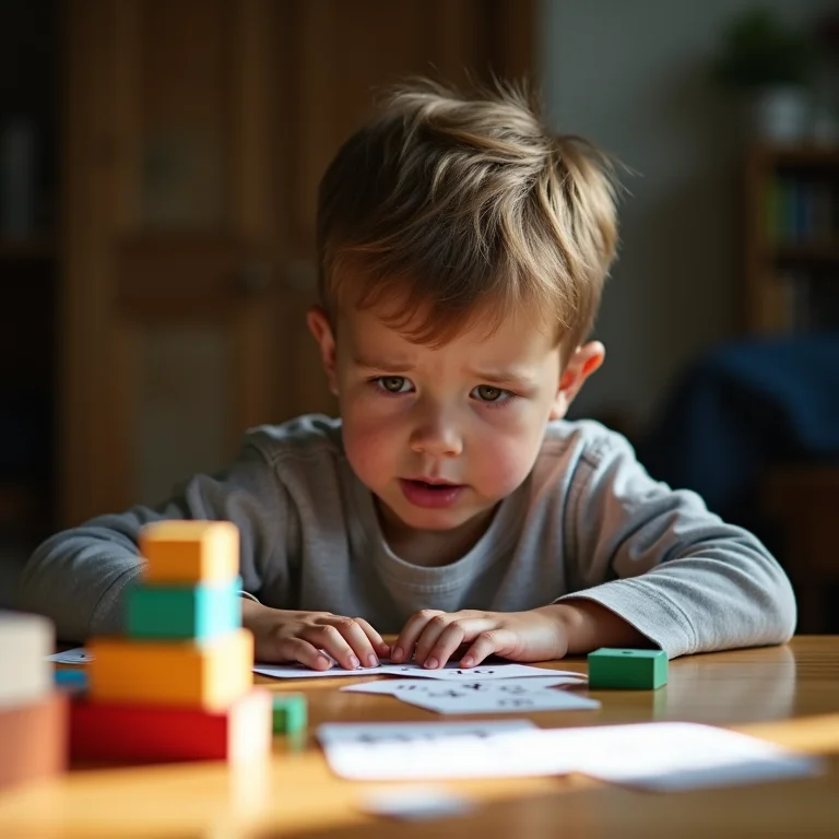 Menino frustrado tentando resolver um problema de matemática.