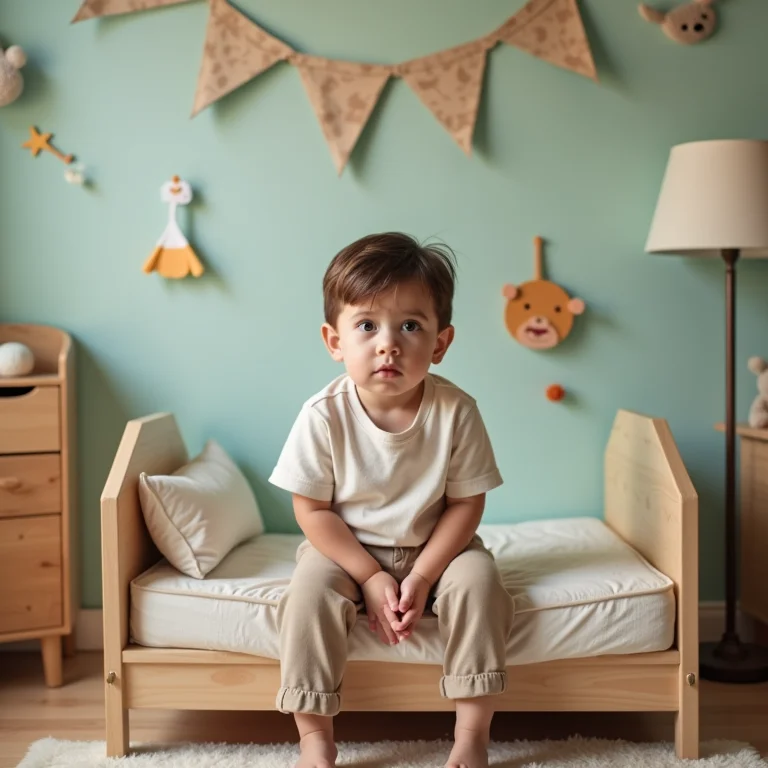 Menino pré-adolescente em um quarto com decoração infantil