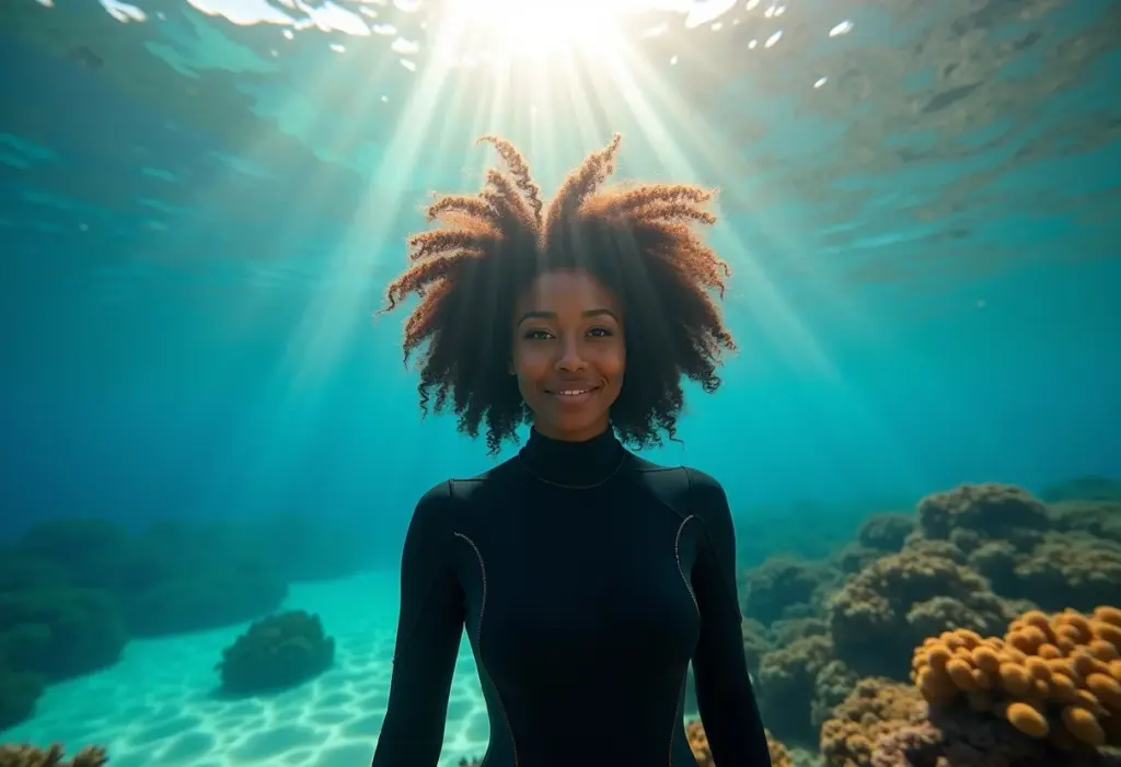 Egito radical: 5 destinos de aventura (além das pirâmides!) Mergulho no Mar Vermelho: mulher emerge da água com equipamento de mergulho.