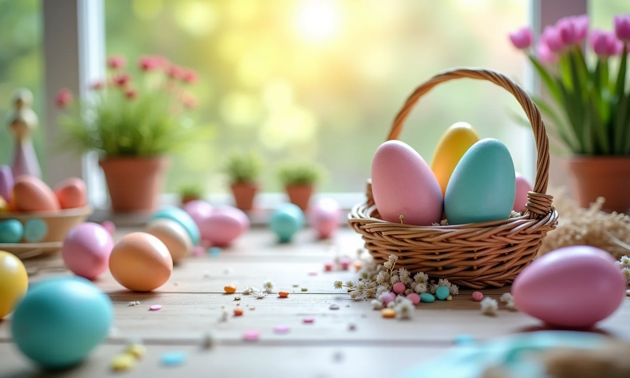 Mesa de artesanato de Páscoa vibrante com decorações feitas à mão e cores pastel.