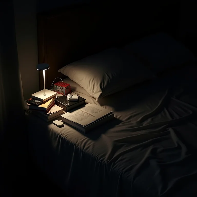 Mesa de cabeceira bagunçada com objetos acumulados