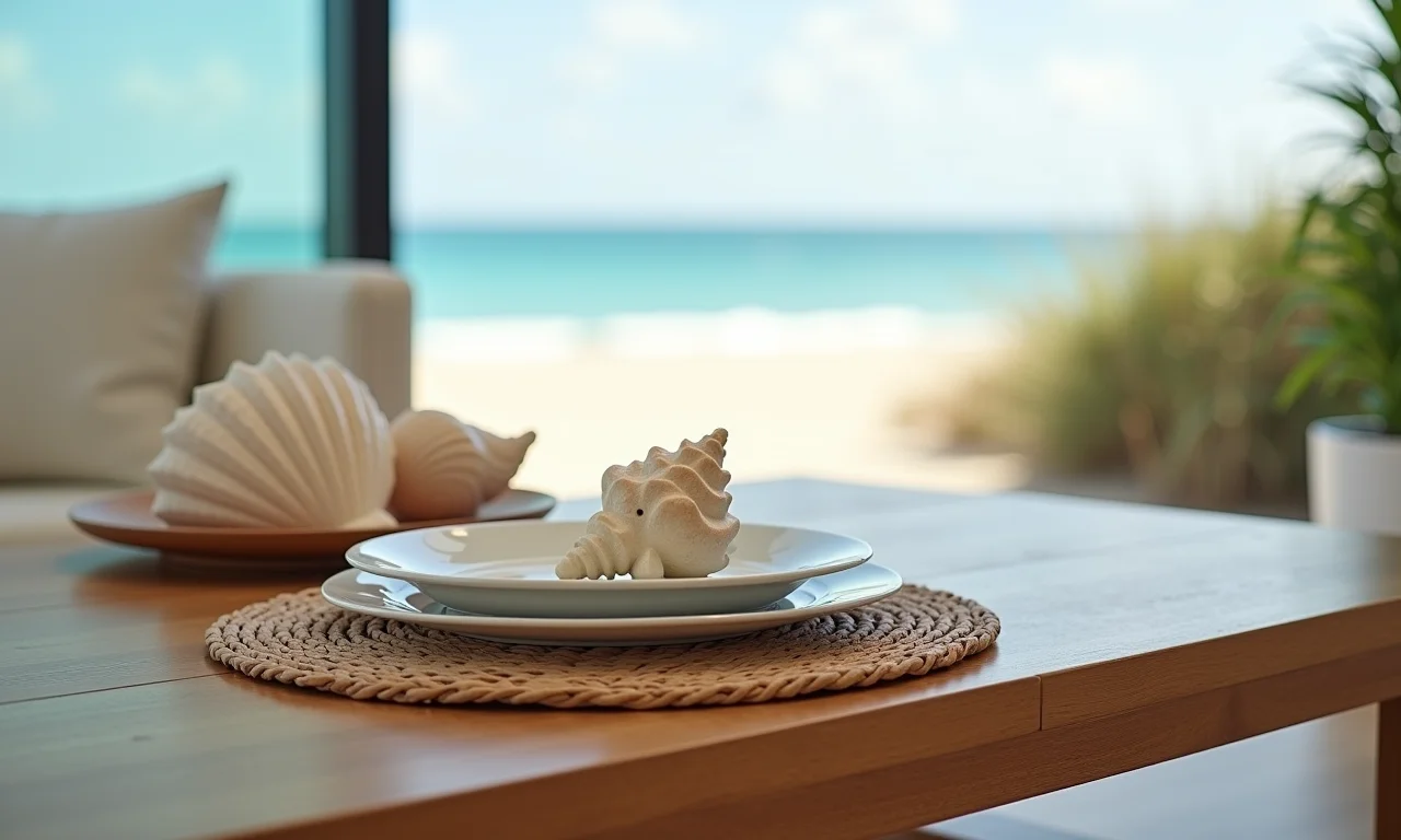 Mesa de centro em uma casa de praia com decoração de conchas do mar