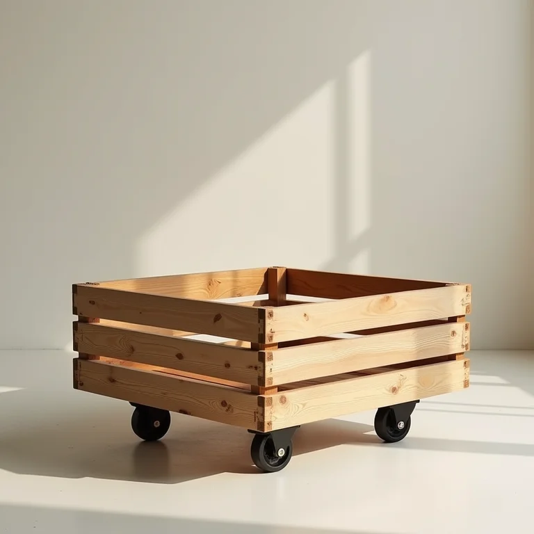 Mesa de centro feita de caixote de feira pintado com rodinhas