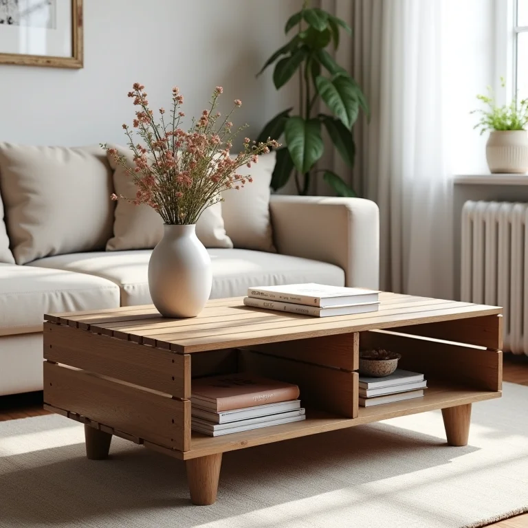 Mesa de centro original feita com caixotes de feira pintados