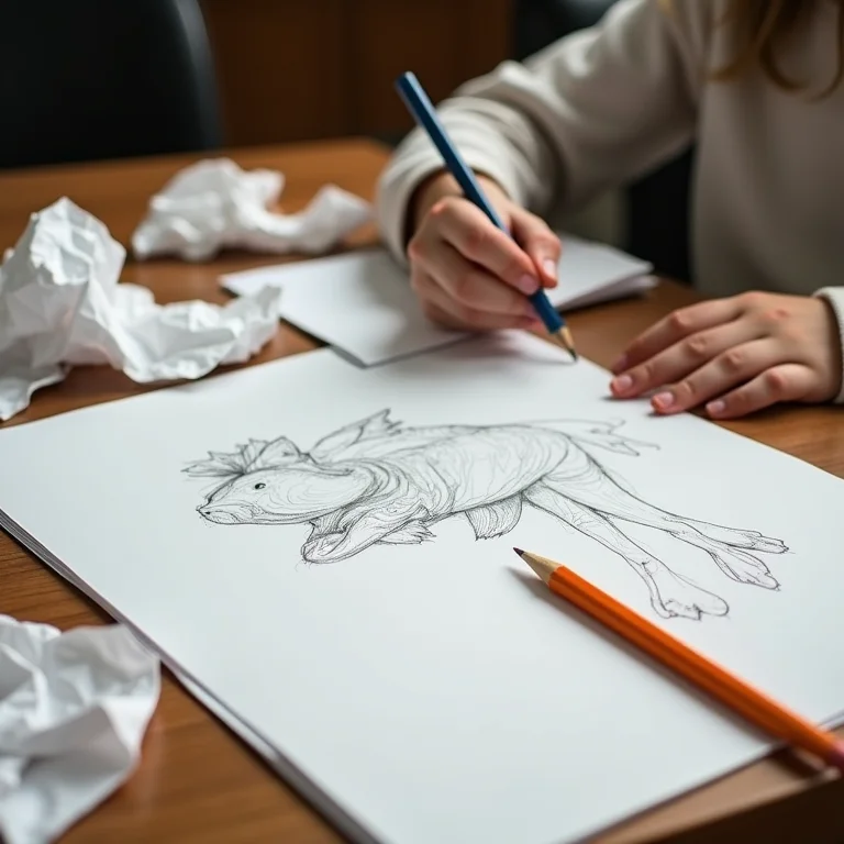 Mesa de criança bagunçada com papéis amassados e lápis quebrado.