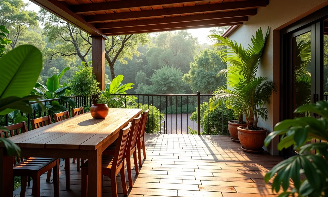 Mesa de demolição integrada à natureza em varanda gourmet.