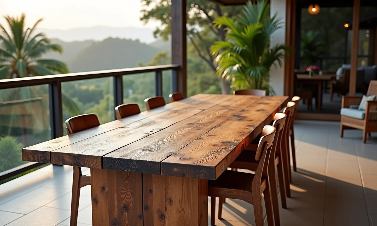 Mesa de demolição protegida das intempéries em varanda.