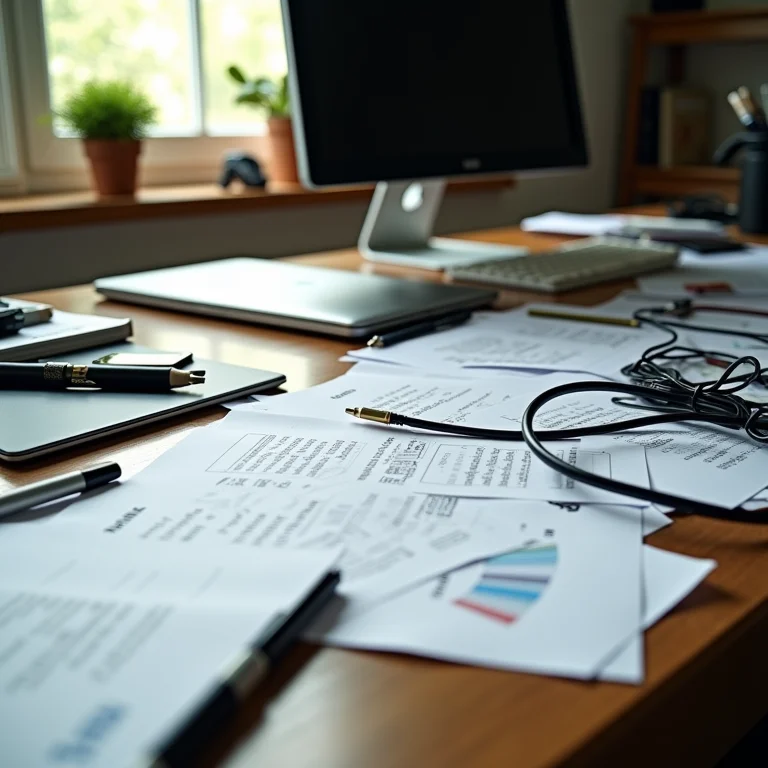 Mesa de escritório bagunçada e caótica