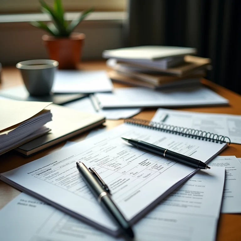 Mesa de estudos desorganizada com papéis e canetas espalhados.