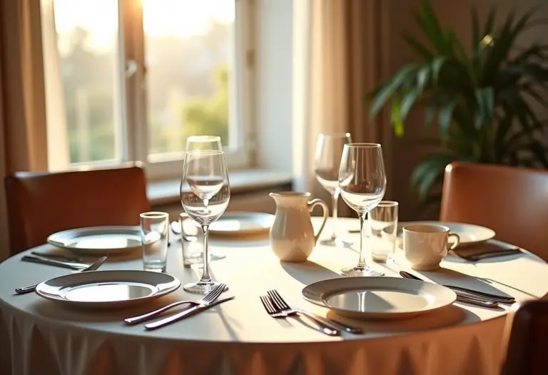 Mesa de jantar elegantemente decorada com louça sofisticada.