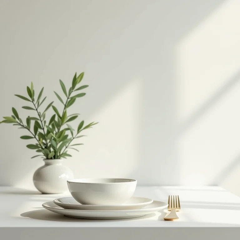 Mesa de jantar minimalista com decoração clean e elegante.