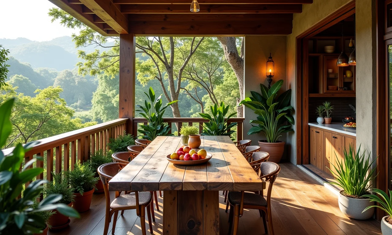 Mesa de madeira de demolição em varanda gourmet, design sustentável e estilo rústico.