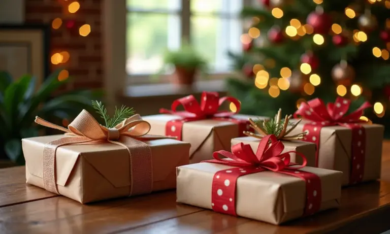 Mesa de Natal com presentes artesanais coloridos e decoração vibrante em estilo brasileiro.