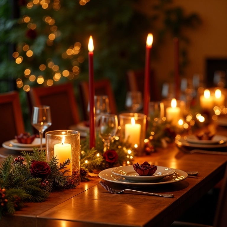 Mesa de Natal elegante com detalhes de design brasileiro e velas.