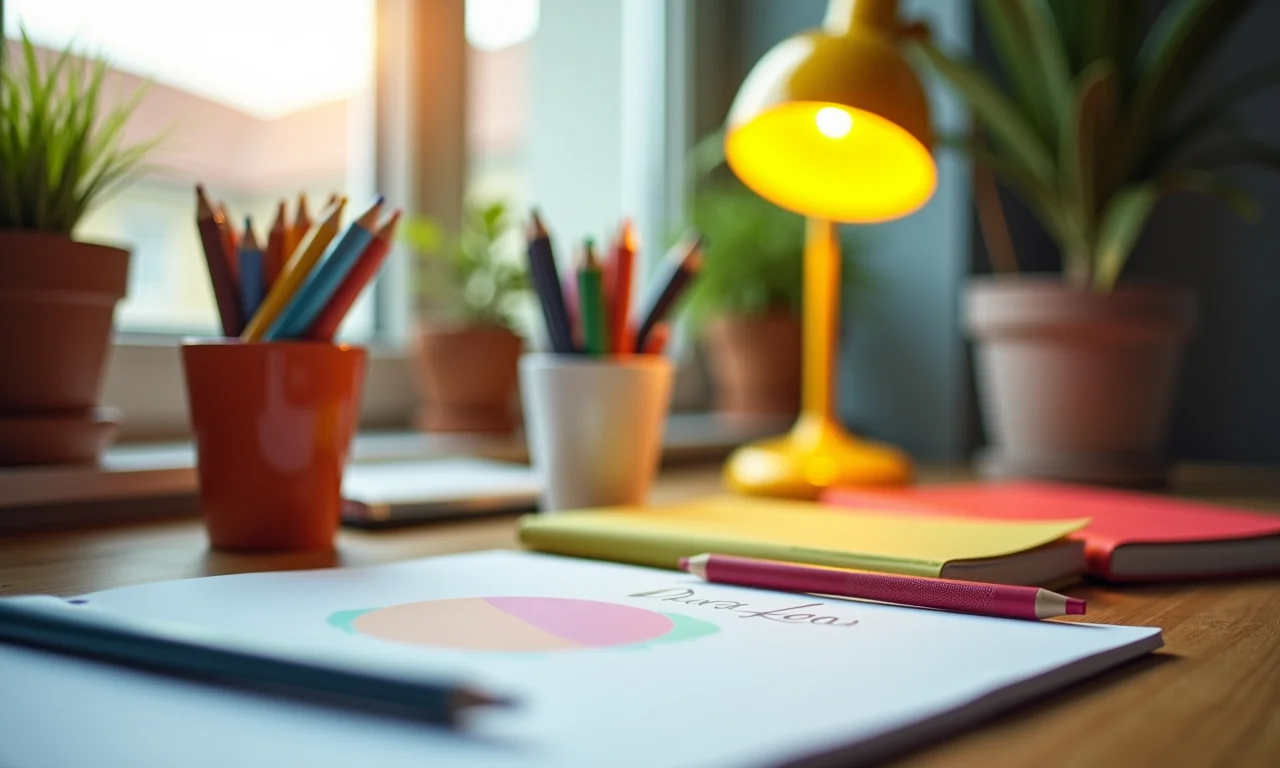 Mesa de trabalho com canetas coloridas, cadernos vibrantes e luminária amarela.