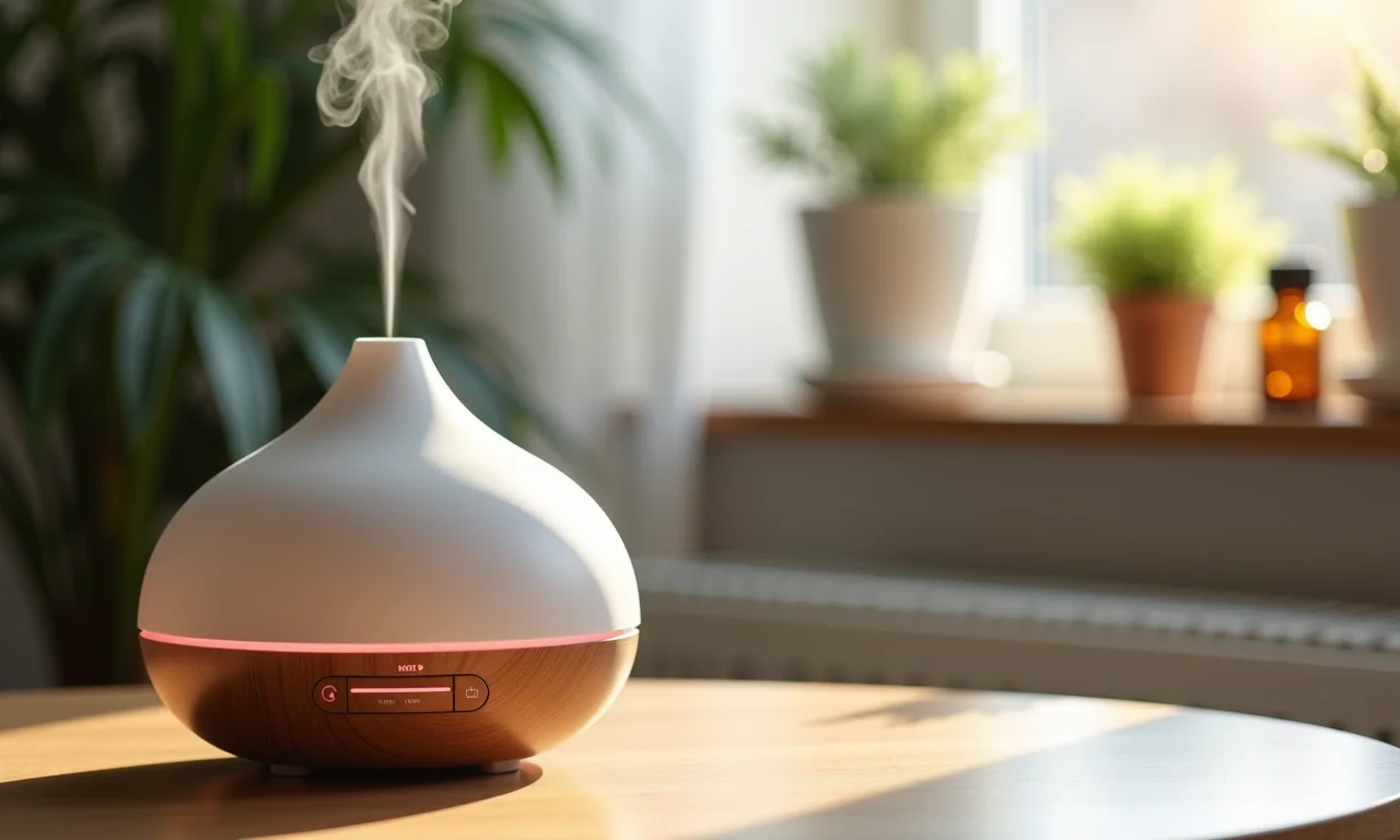 Mesa de trabalho com difusor de aromaterapia para relaxar e concentrar.