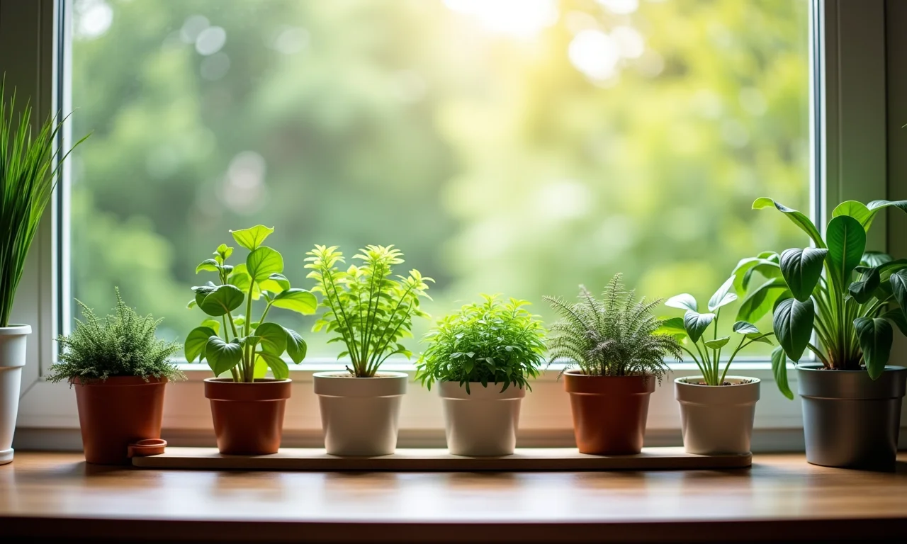 Mesa de trabalho com diversas plantas em vasos, criando um mini jardim.