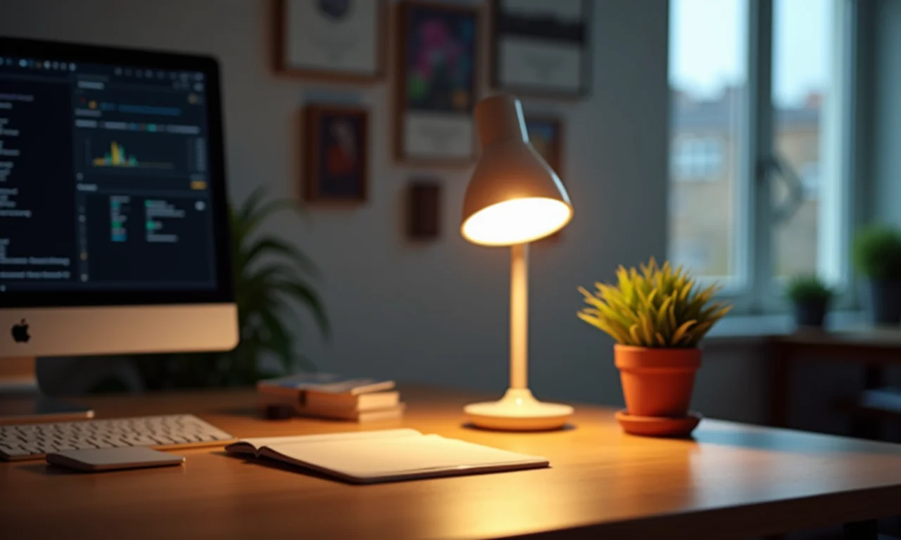 Mesa de trabalho com luminária que proporciona iluminação focada e aconchegante.