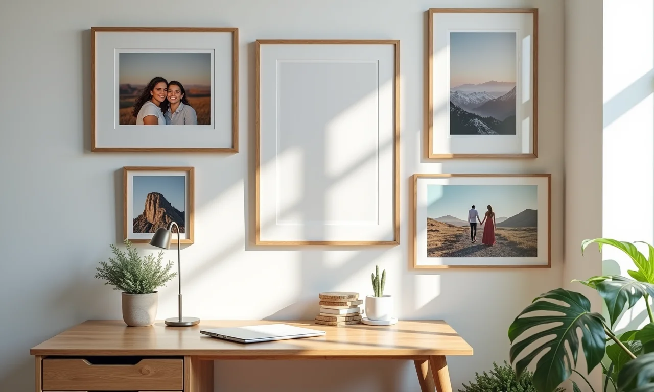 Mesa de trabalho com quadros e fotos inspiradoras na parede.