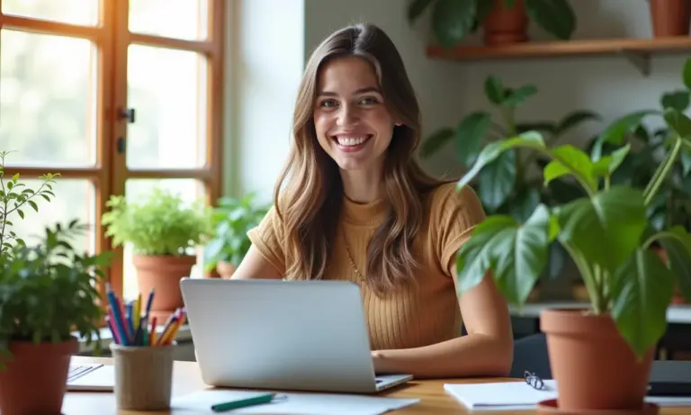 Mesa de trabalho inspiradora com mulher sorrindo e decoração vibrante.
