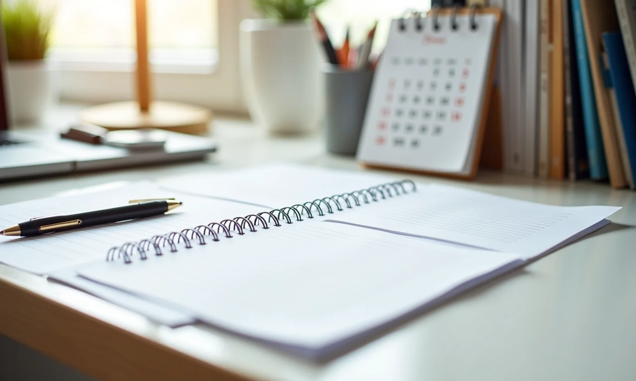 Mesa de trabalho organizada com materiais de escritório e decoração minimalista.