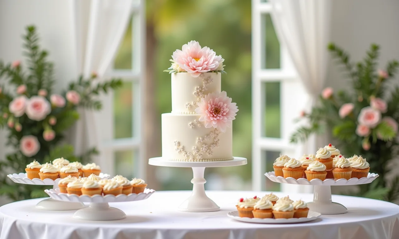 Mesa do bolo decorada para batizado, com bolo branco e arranjos florais elegantes.