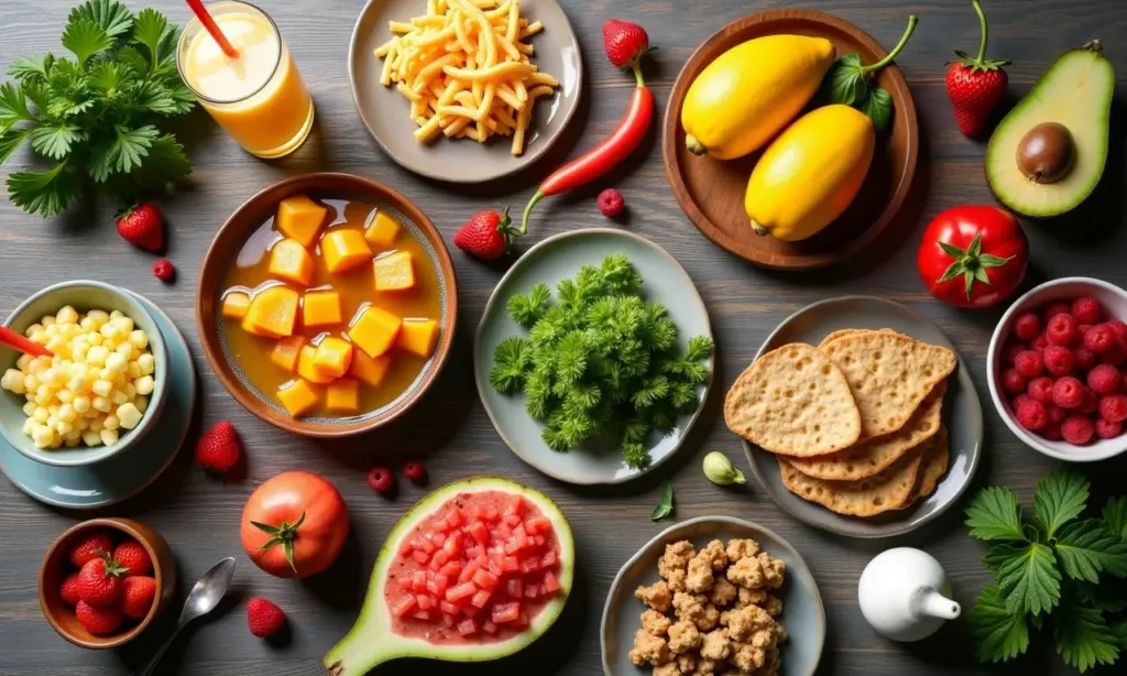 Mesa farta com pratos frios refrescantes, ideal para o calor, com frutas tropicais e bebidas geladas.