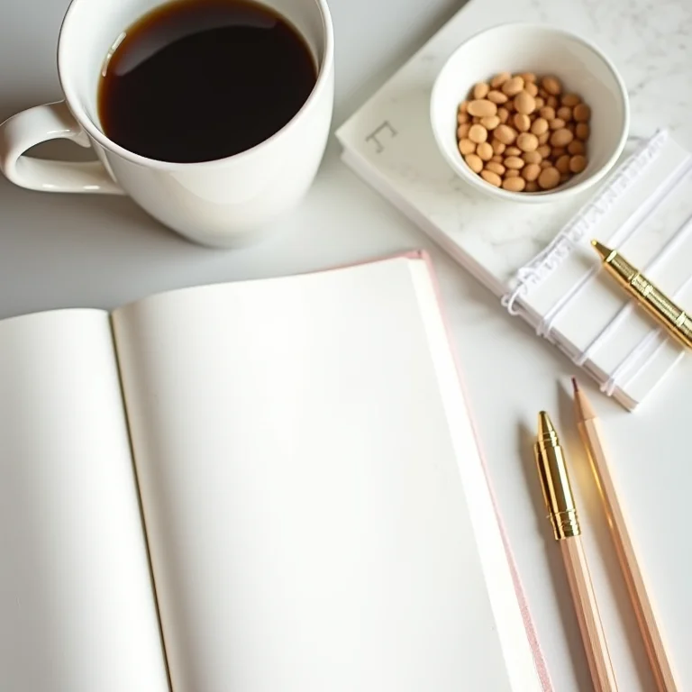 Mesa minimalista com itens de papelaria organizados