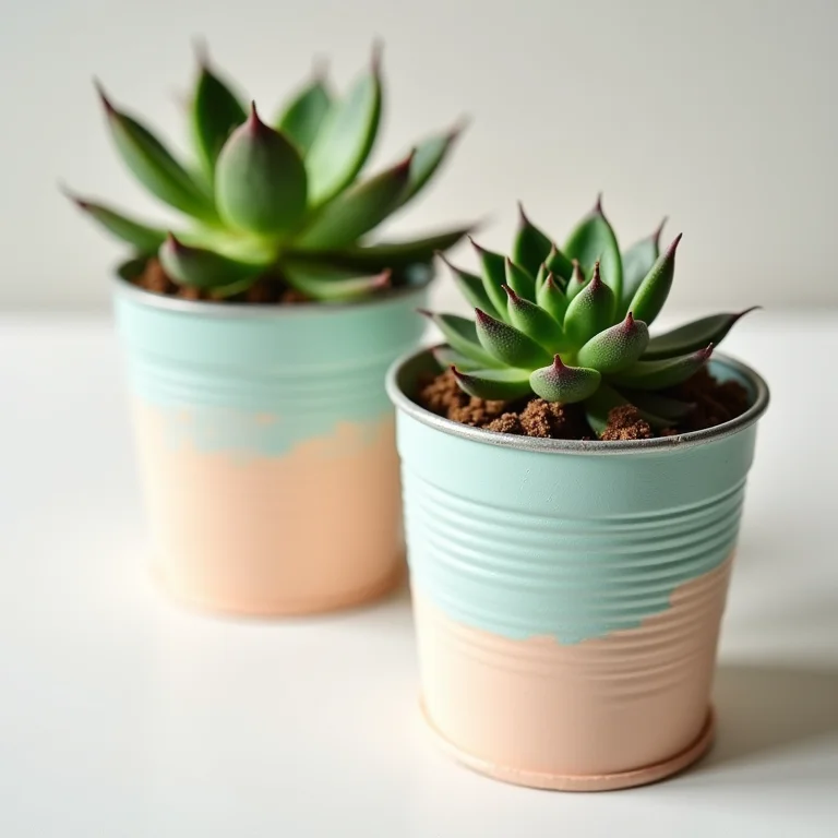 Mini vasos de suculentas em latas coloridas.
