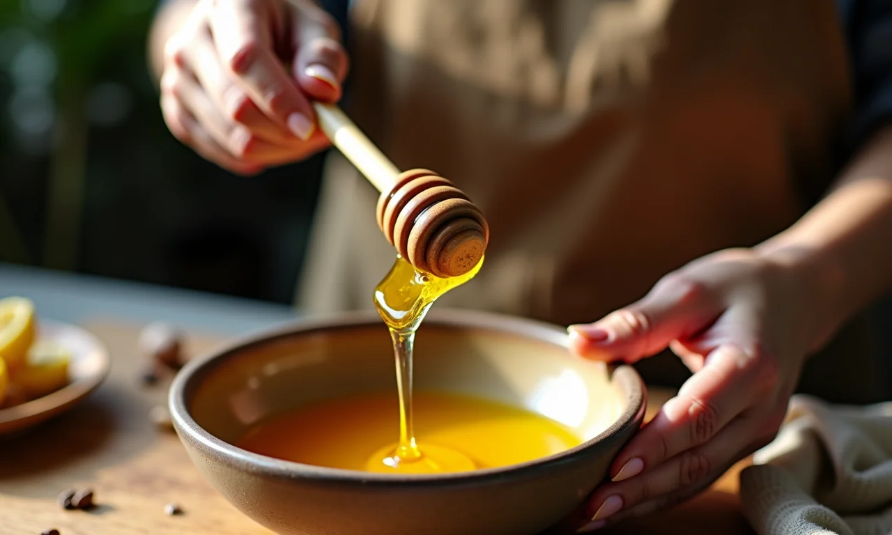 Mistura de mel e azeite em tigela de cerâmica para tratamento capilar.