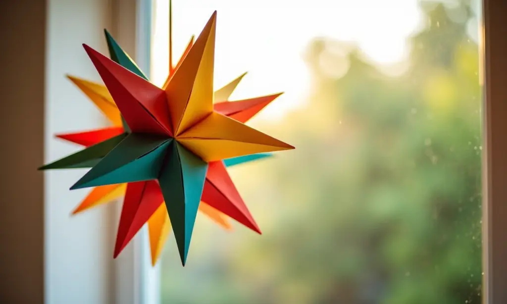 Móbile de estrelas de origami coloridas pendurado em janela ensolarada