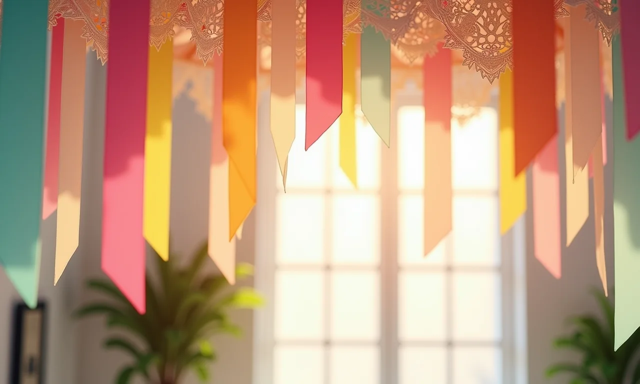 Móbiles de fitas e rendas decorando uma festa junina.