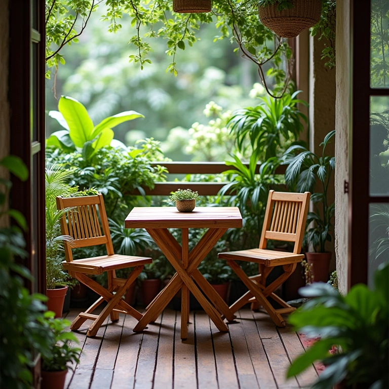 Mobiliário rústico em uma varanda cheia de plantas, com mesa e cadeiras de madeira.
