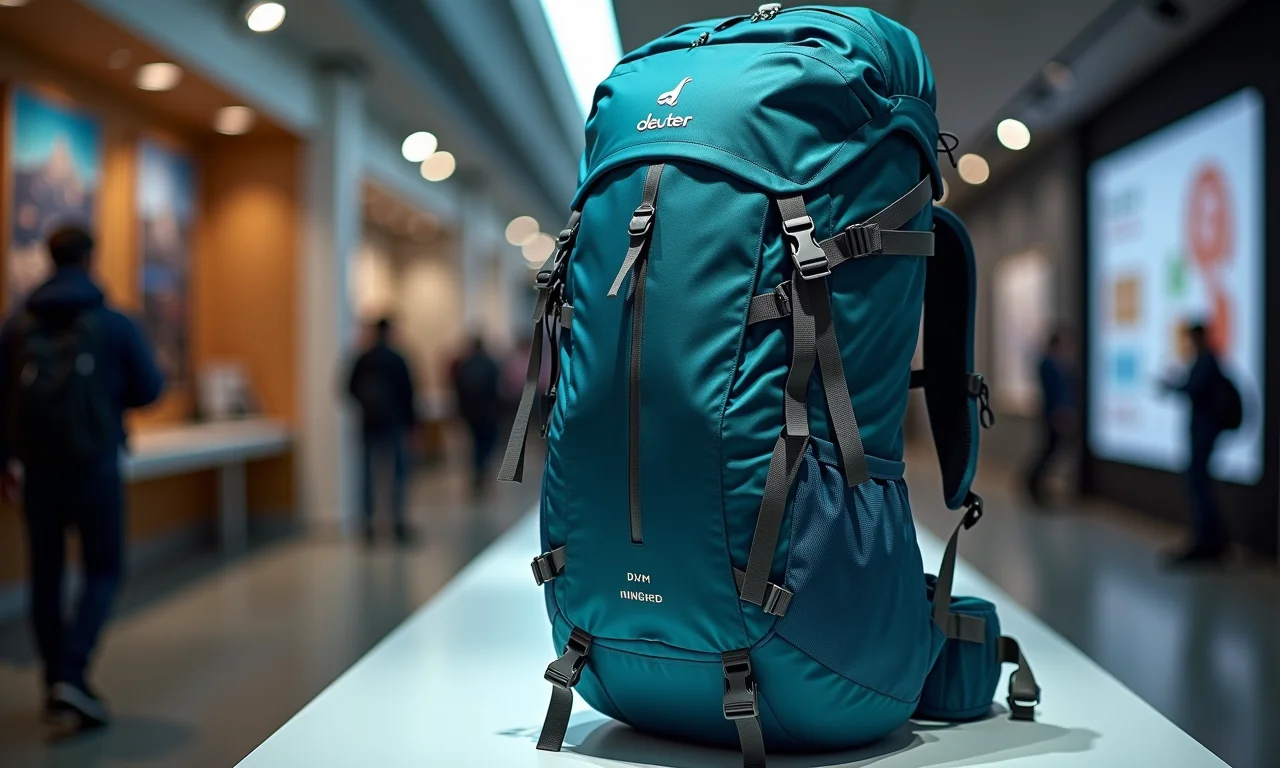 Mochila cargueira da Deuter em exposição.