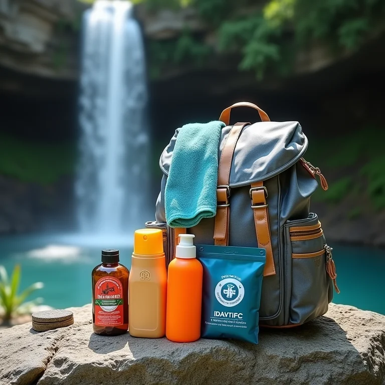 Mochila com itens essenciais para um banho de cachoeira seguro e confortável