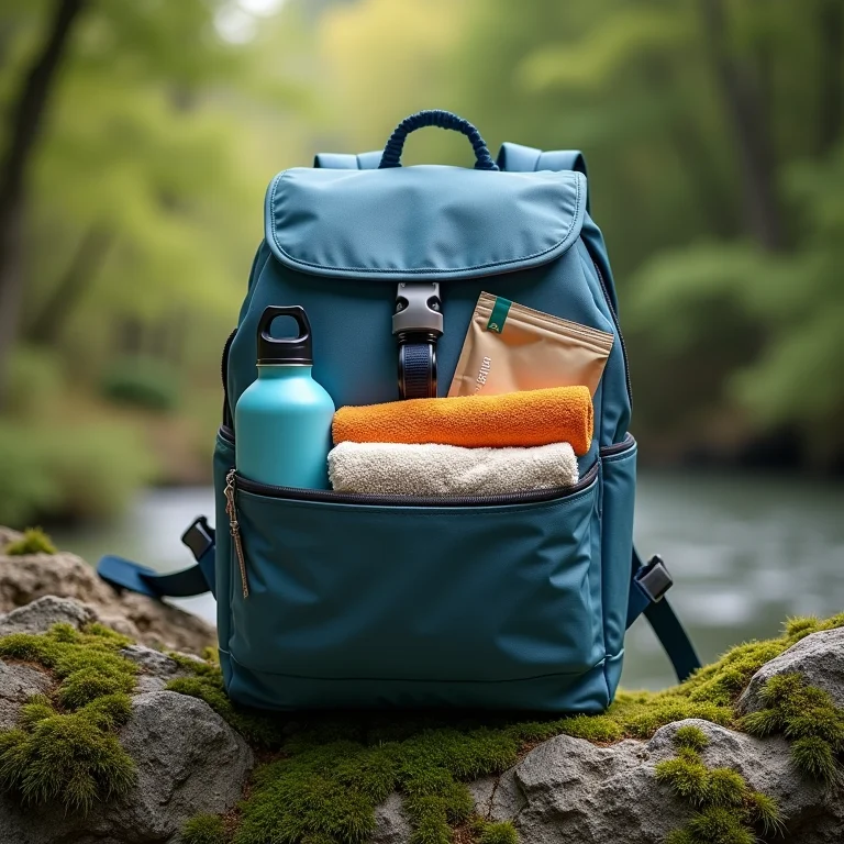 Mochila com itens essenciais para um dia na cachoeira.