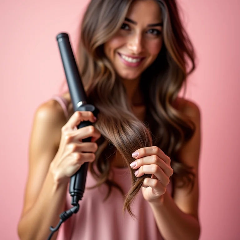 Modelador de cachos criando ondas em uma mecha de cabelo castanho.