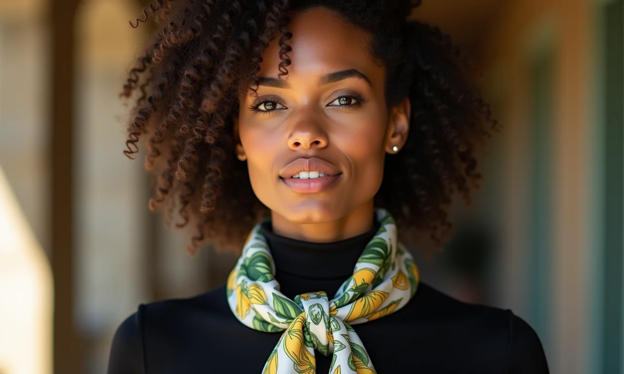 Modelo brasileira com gola alta preta e lenço de seda estampado no pescoço.