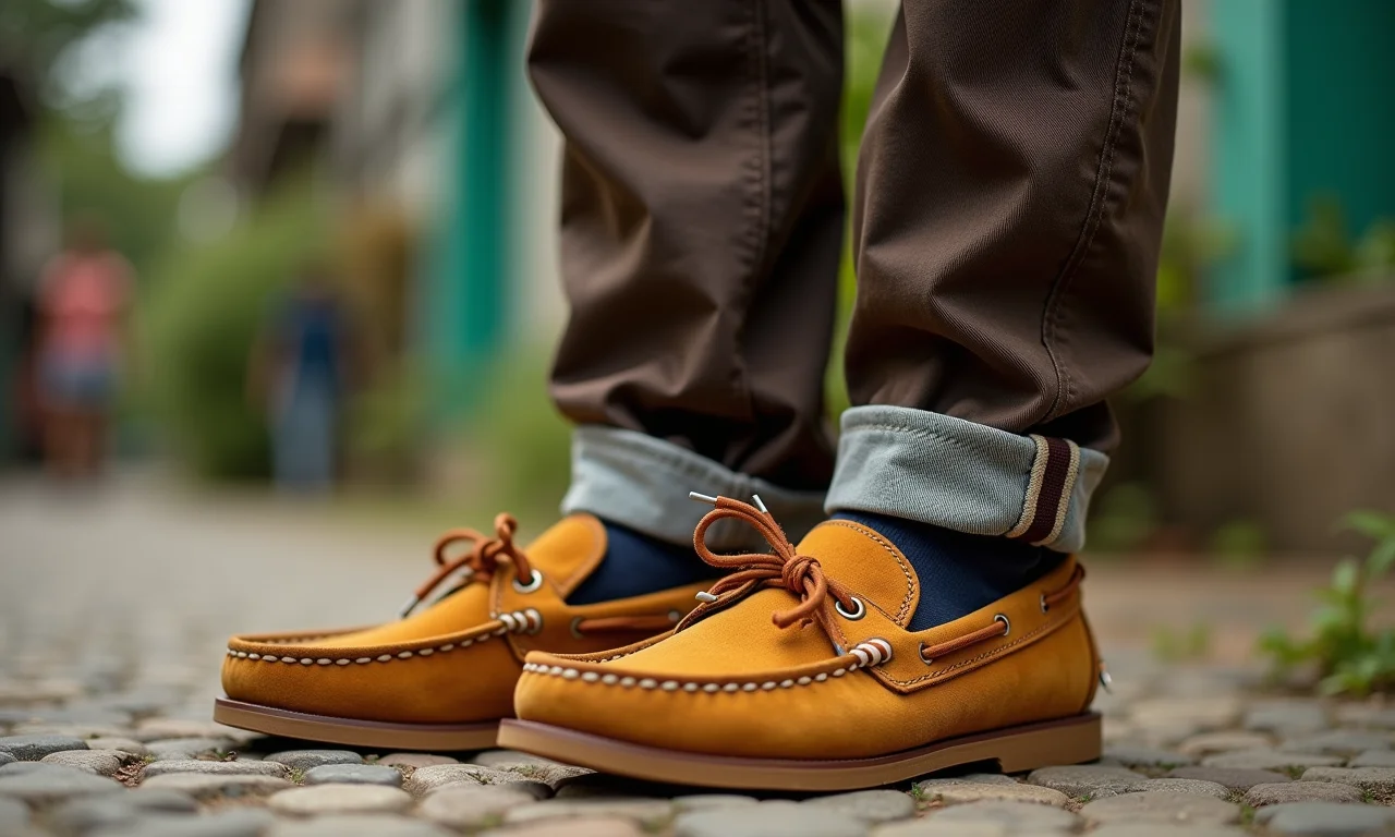 Modelo brasileira usando mocassim com macacão ou jardineira em um ambiente urbano.