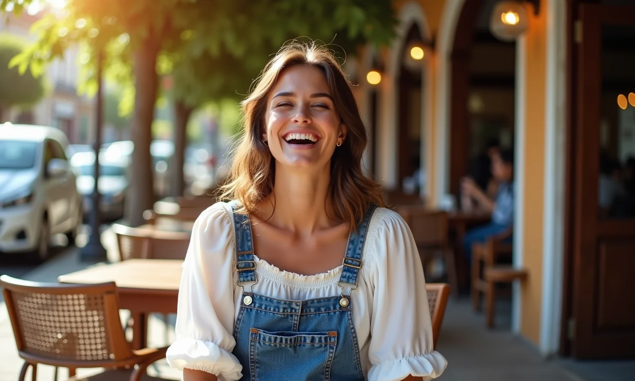 Modelo morena com saia jeans e blusa ciganinha branca em café ensolarado em Salvador.