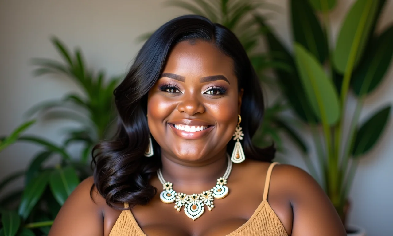 Modelo plus size usando brincos e colar chamativos em um estúdio com plantas, com maquiagem natural e sorriso radiante.