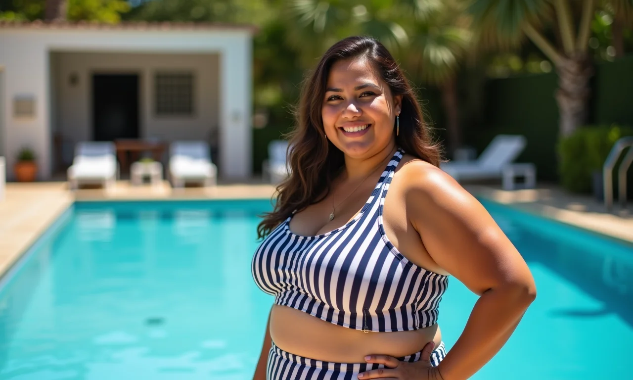 Modelo plus size usando maiô listrado sorrindo à beira da piscina.
