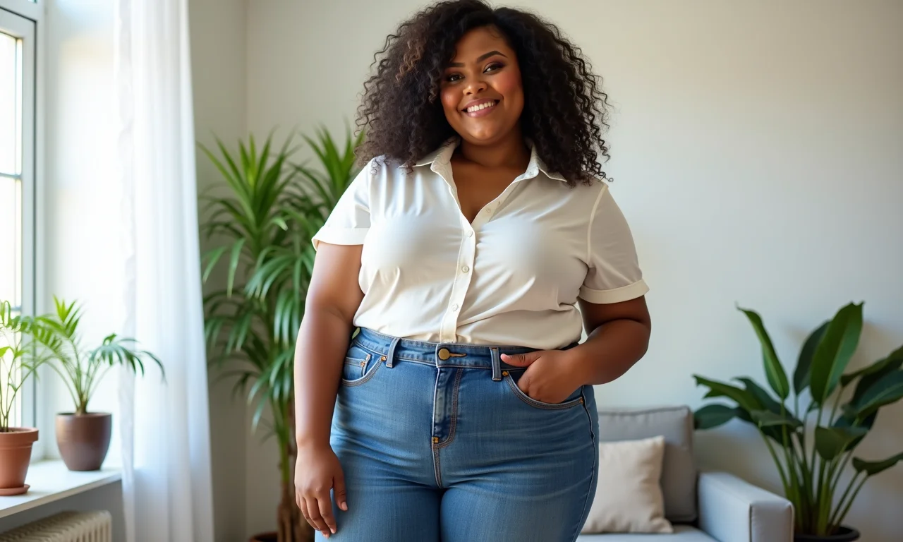 Modelo plus size vestindo jeans de cintura alta e blusa, em um apartamento iluminado e cheio de plantas.