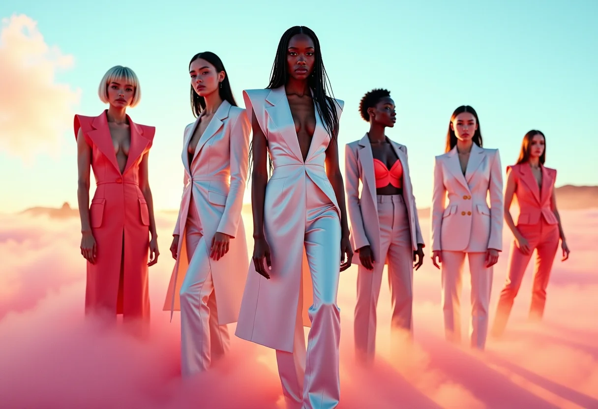 Modelos diversas vestindo roupas futuristas no metaverso