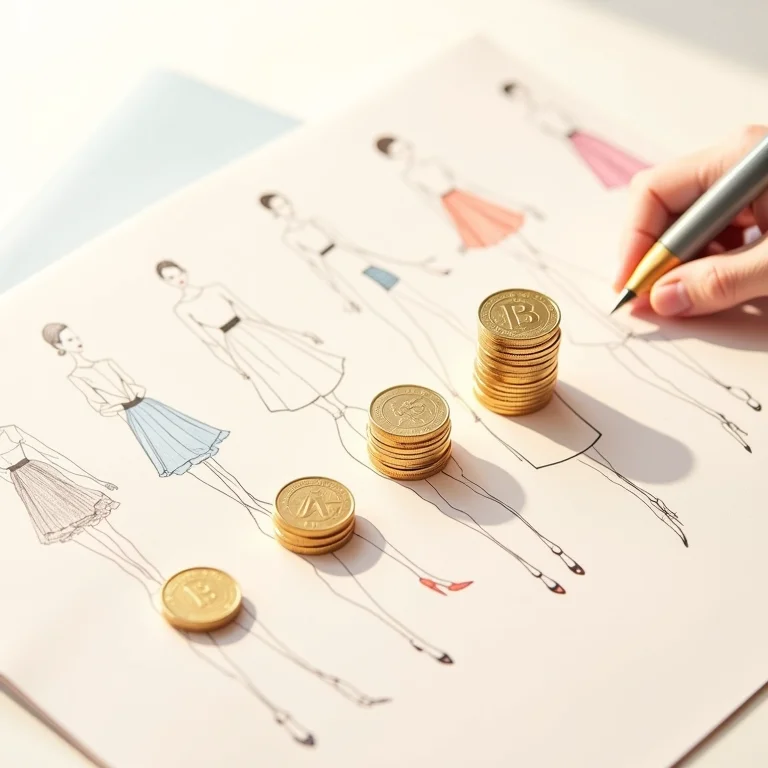 Moedas digitais e esboços de moda em composição flat lay