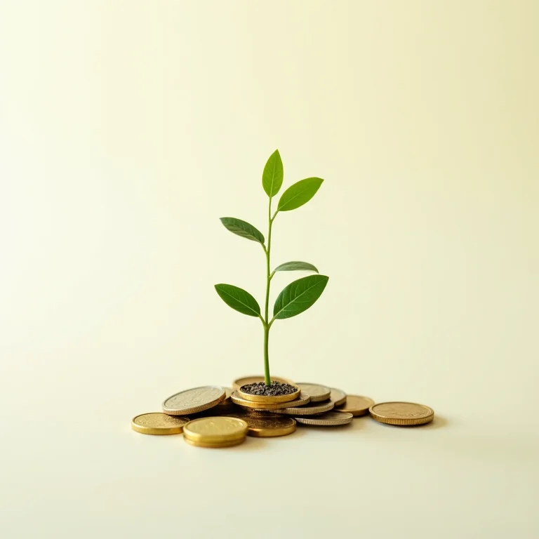 Moedas e broto de planta representando economia e crescimento capilar.