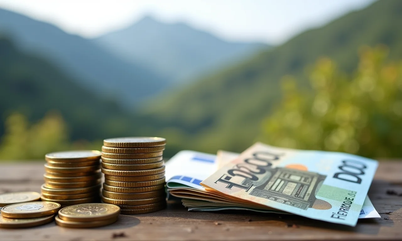 Moedas e notas de euro sobre mesa de madeira rústica com paisagem basca ao fundo.