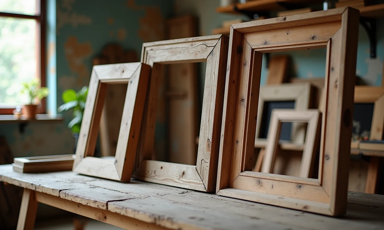 Molduras antigas sendo reutilizadas para quadros.