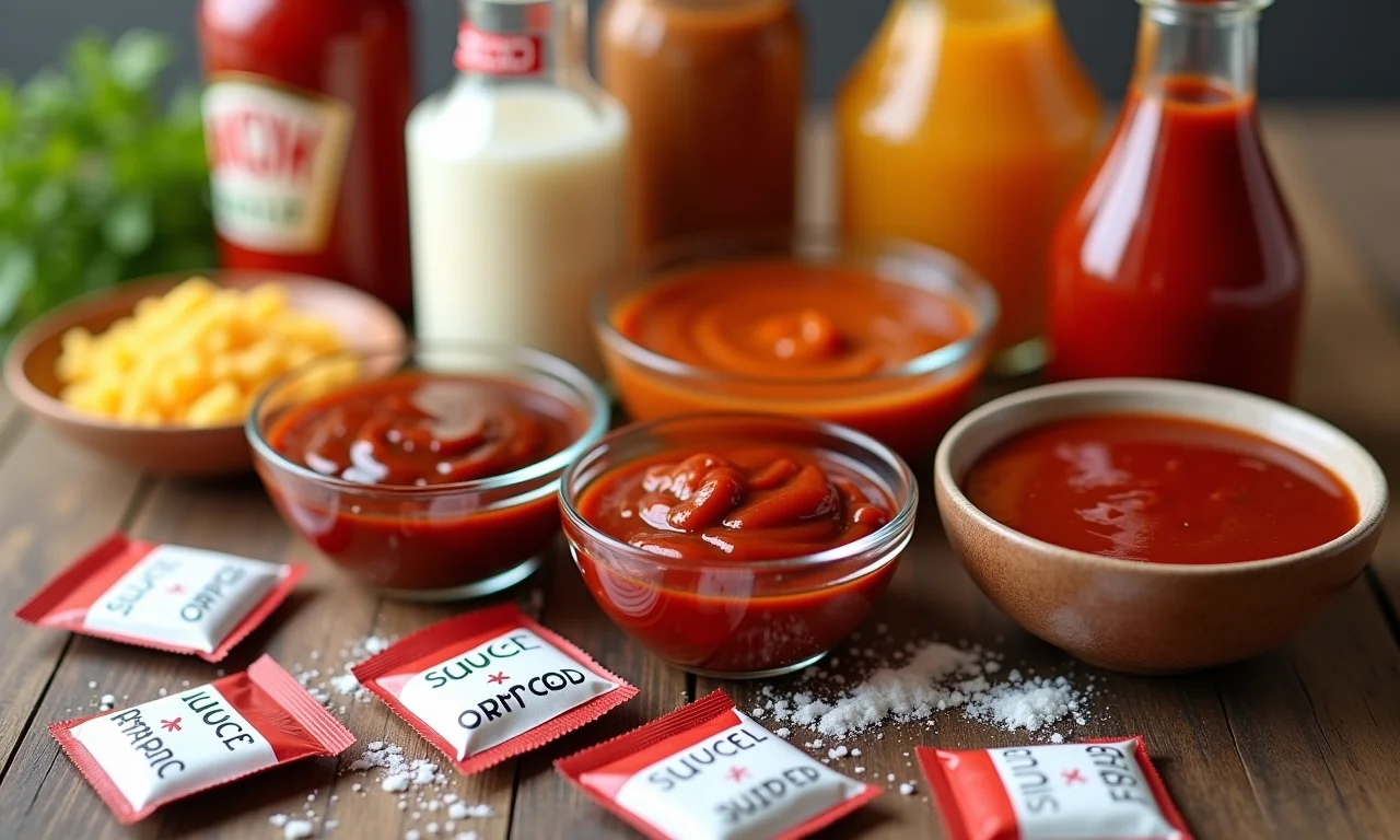 Molhos e condimentos com pacotes de açúcar ao redor, representando o açúcar oculto.